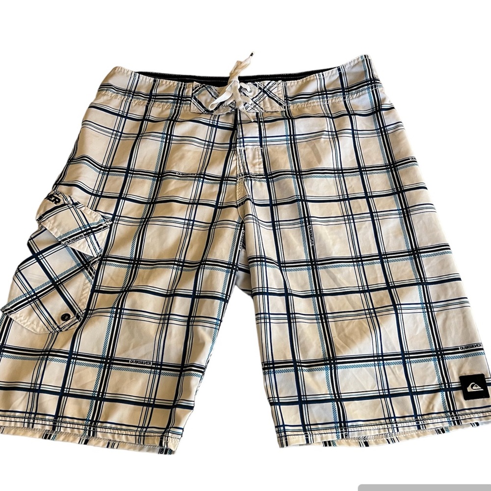 Quicksilver men’s swim plaid blue white board shorts size 31